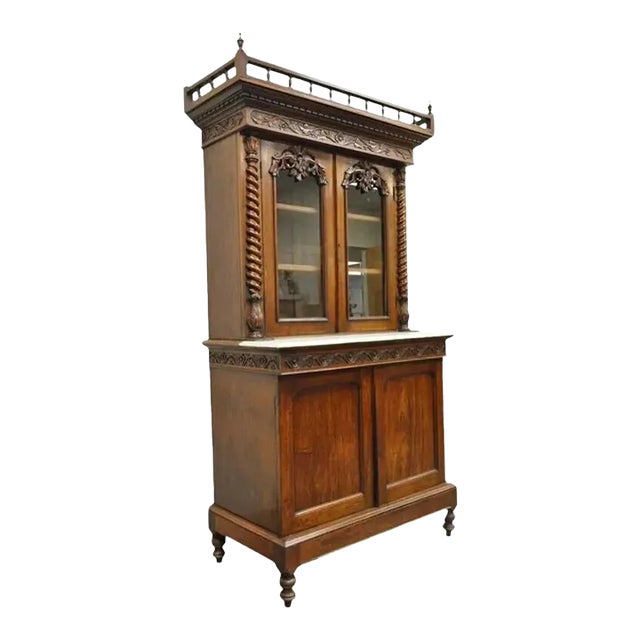 19th Century French Renaissance Carved Walnut Marble Top Bookcase Buffet Cabinet For Sale