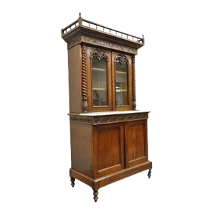 19th Century French Renaissance Carved Walnut Marble Top Bookcase Buffet Cabinet