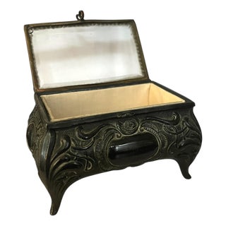 Art Nouveau Floral Relief Metal Trinket or Jewelry Box With Hinged Glass Lid For Sale