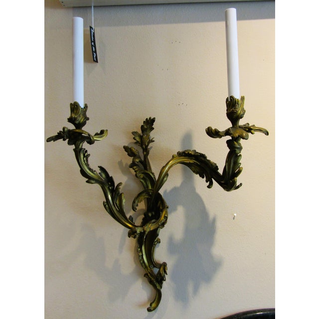 Antique Pair French 19th Century Louis XV Gilt Bronze Two Light Wall Sconces For Sale In Miami - Image 6 of 18
