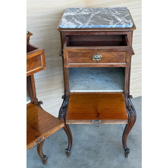 Wood Antique French Mahogany Night Stands or bedside tables with marble top , 1900, A Pair For Sale - Image 7 of 18