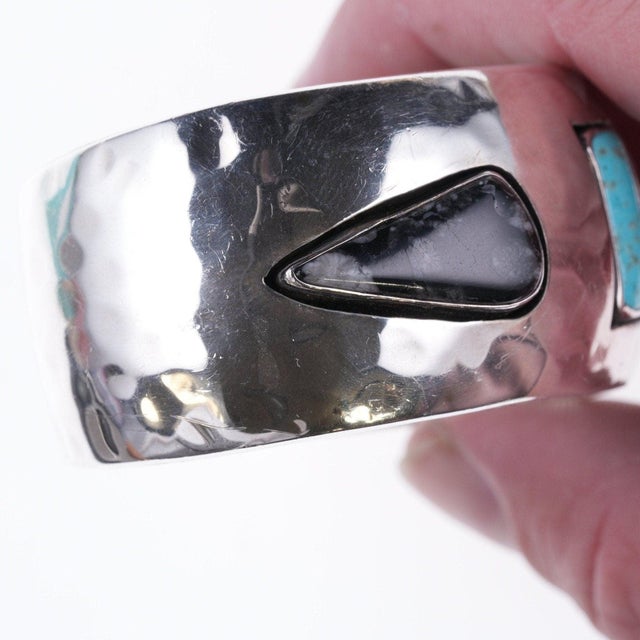 Rustic 6.25" Vintage Sterling, turquoise and Jasper southwestern bracelet For Sale - Image 3 of 6