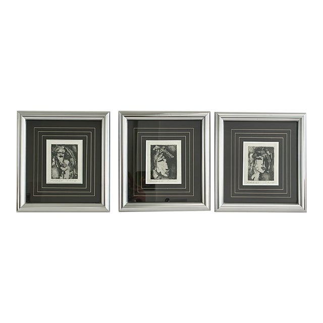 Set of 3 Signed Mood Study Portrait Etchings – Professionally Framed For Sale