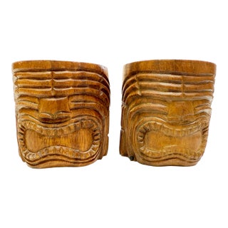 1960s Mid-Century Modern Polynesian Wooden Tiki Mugs – a Pair For Sale