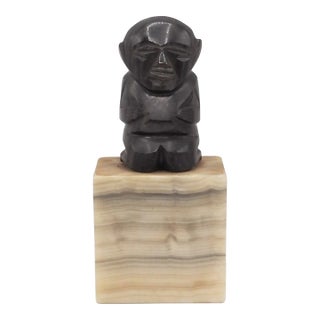 Mid Century Modern Stone Sculpture Primitive Style Figure Onyx Base 9” For Sale