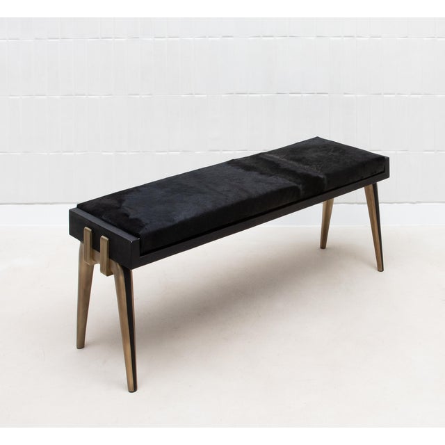 Upholstered Hide Bench in Black Shagreen With Bronze Patina Brass by R&y Augousti For Sale - Image 9 of 11