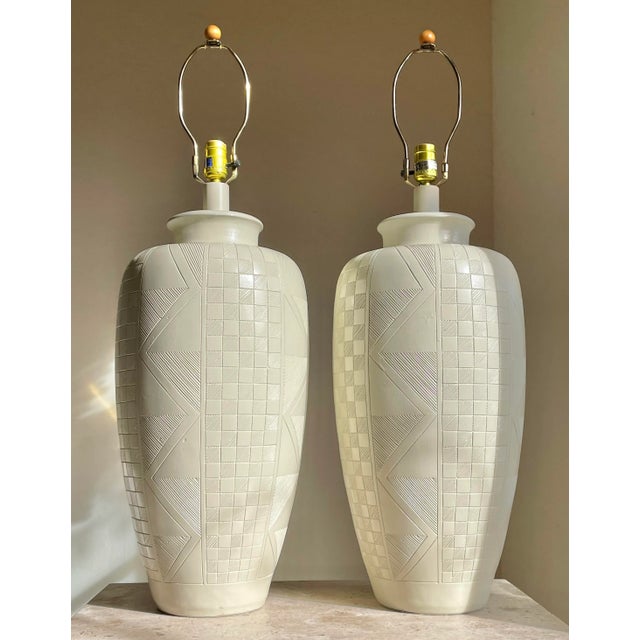 Casual Lamps of California Pair of Casual Lamps of California 1988 Etched Post Modern Ceramic Lamps For Sale - Image 4 of 12
