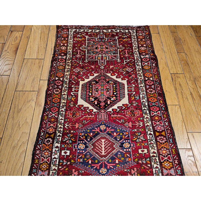 Antique Persian Heriz Karajeh Runner, Hand-Knotted Wool, Geometric Medallion Pattern, Red & Navy, 4x14 For Sale - Image 16 of 18