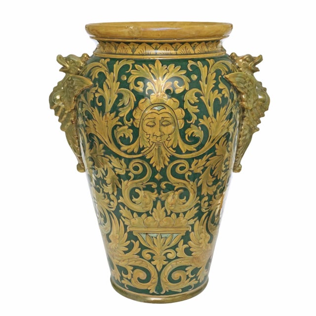 Mediterranean Large Late 20th Century Robbia Gualdo Tadino Italy Luster Pottery Dragon Handles Entryway Vase For Sale - Image 3 of 8