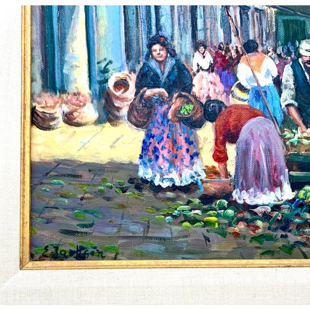 1980s Impressionist Oil Painting of a Village Market, Original Folk Art, Framed, 24"h For Sale In Tulsa - Image 6 of 8