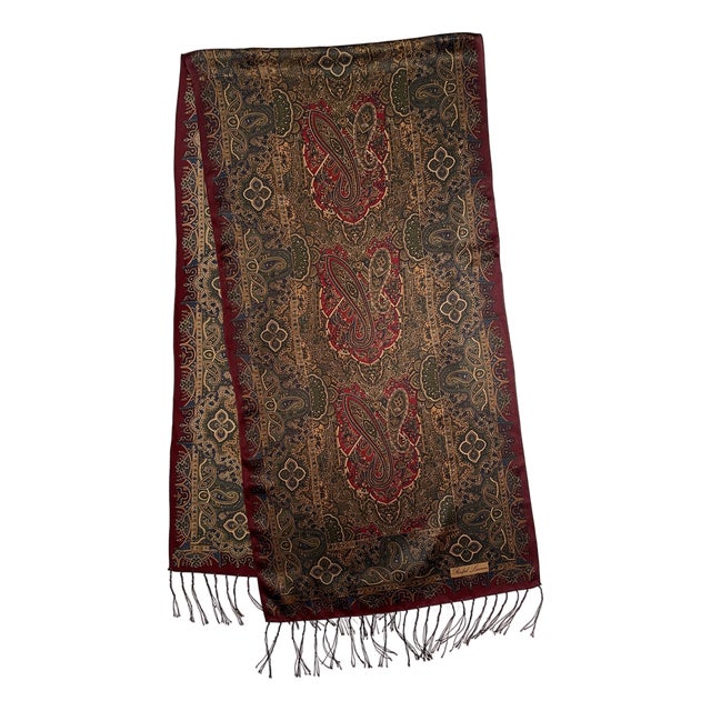 1990s Ralph Lauren Silk Satin Burgundy Paisley Scarf For Sale