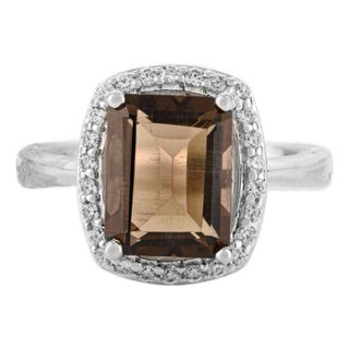 Octagon Smoky Quartz Halo Cz Studded Statement Ring in 925 Sterling Silver - Size 8.5 For Sale