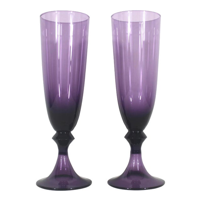 Vintage Pair of Amethyst Champagne Glass Flutes Plum Purple For Sale