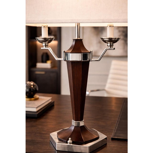 Wood Late 20th Century Art Deco Revival Walnut & Chrome Table Lamp With Original Rectangular Shade and Diamond Finial For Sale - Image 7 of 7