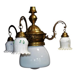 Edwardian Arts & Crafts Brass Three-Arm Chandelier with Opaline Glass Shades, 1890s For Sale