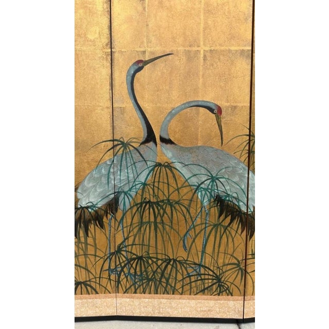 Early 20th Century Japanese Four-Fold Byobu Screen With Cranes and Young Bamboo For Sale - Image 12 of 18
