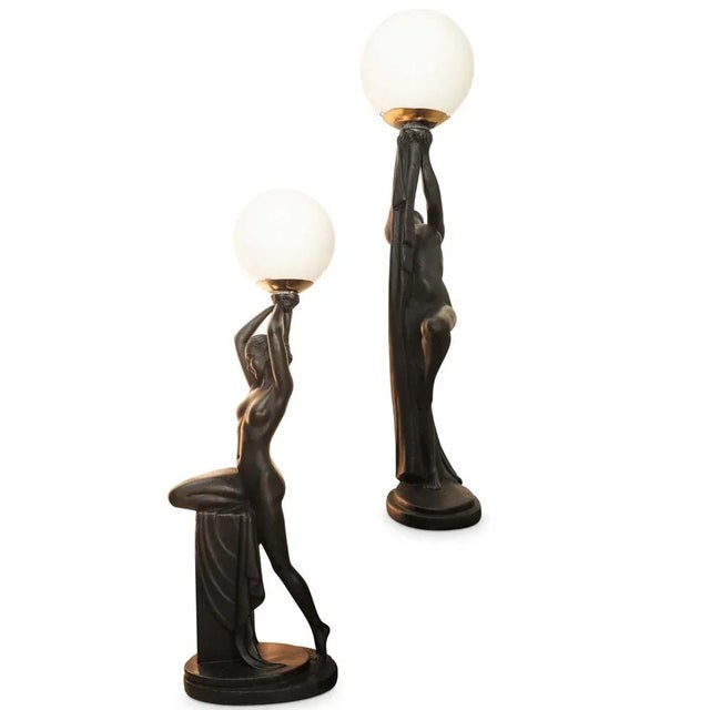 Pair of Exquisite Large Art Deco ebonized Plaster Nude Feminine Form Table Lamps 1930s. UK Plug (up to 250V).The wiring of...