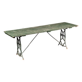 Late 19th Century Weathered Green Farmhouse Trestle Table With Cast Iron Base For Sale