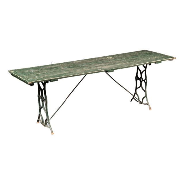 Late 19th Century Weathered Green Farmhouse Trestle Table With Cast Iron Base For Sale