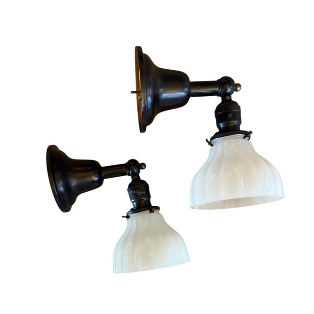 Metal Circa 1920’s Clam Broth Shade Wall Sconces, a Pair For Sale - Image 7 of 8
