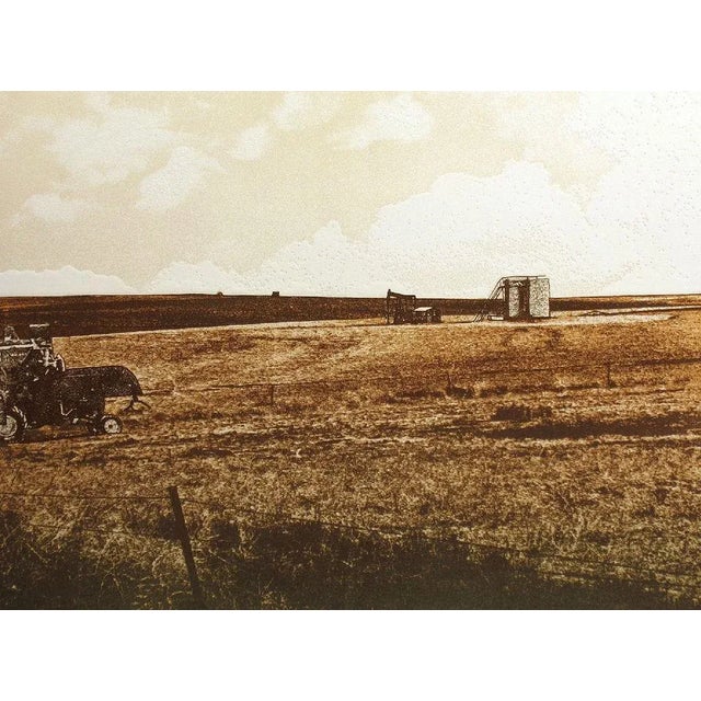 Ted Thomas "Double Harvest 1" Realistic Etching of a Western Landscape 1970s 22x30 Unframed For Sale
