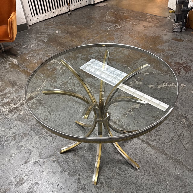 Italian Mid-Century Brass + Chrome Round Glass Dining Table, Vintage For Sale In San Francisco - Image 6 of 12