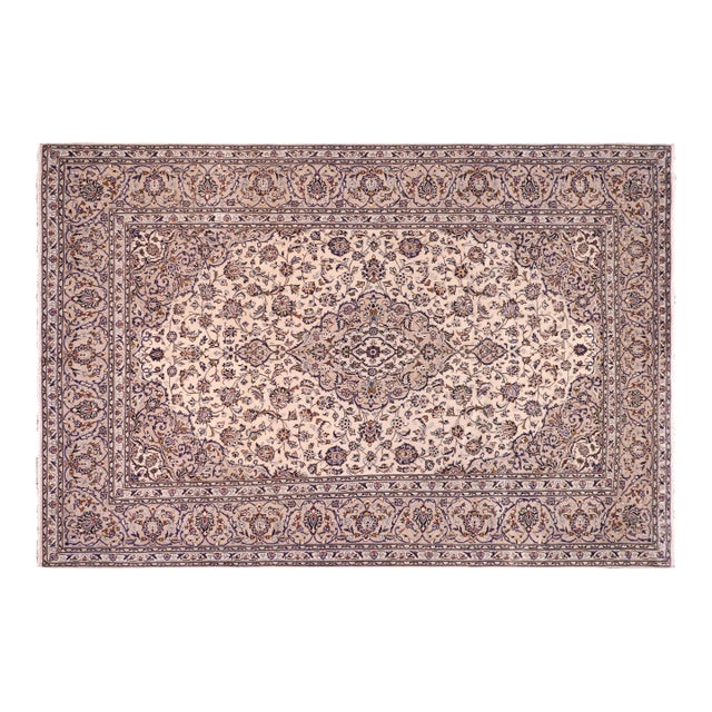 Vintage Hand-Knotted Wool Rug – 8'2" X 11'6" – Ivory & Blue With Medallion For Sale