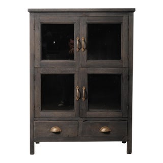 Late 20th Century Dark Wood Glass-Front Cabinet With Brass Hardware and Dual Lower Drawers For Sale
