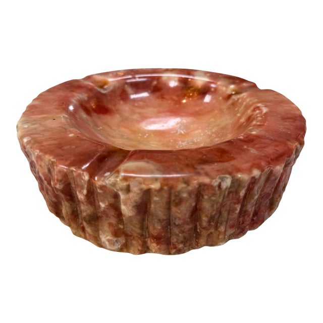 Vintage Pink Marble Ashtray – Carved Stone With Rustic Textured Edge For Sale