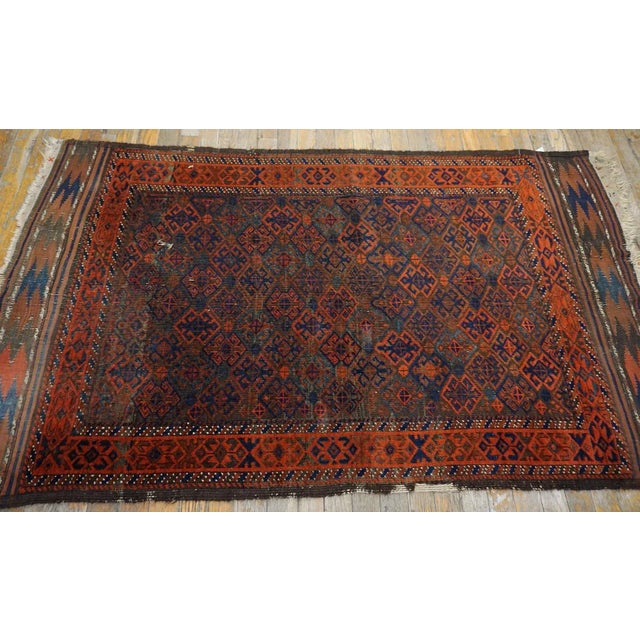 Tribal 1880s Brown Blue Geometric Tribal Antique Persian Baluch Carpet 3'2" X 5'6" Woven Wool Rug For Sale - Image 3 of 11