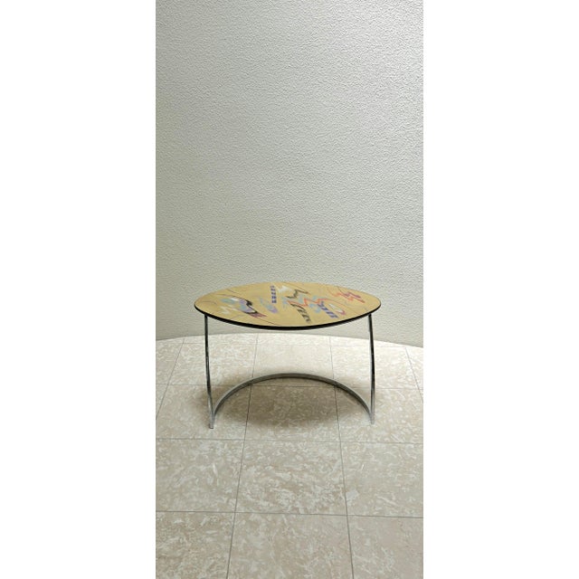 Postmodern Carlo Malnati Post-Modern Italian Gold Abstract Print Side Table Oval 80s 90s For Sale - Image 3 of 15