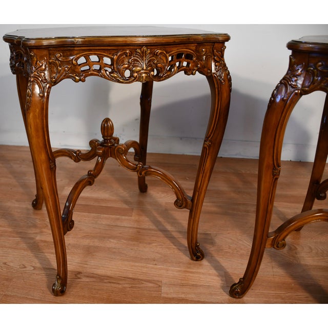 Brown 1930s French Louis XV Walnut & Satinwood Inlay Pair Side Tables / End Tables Tables For Sale - Image 8 of 14