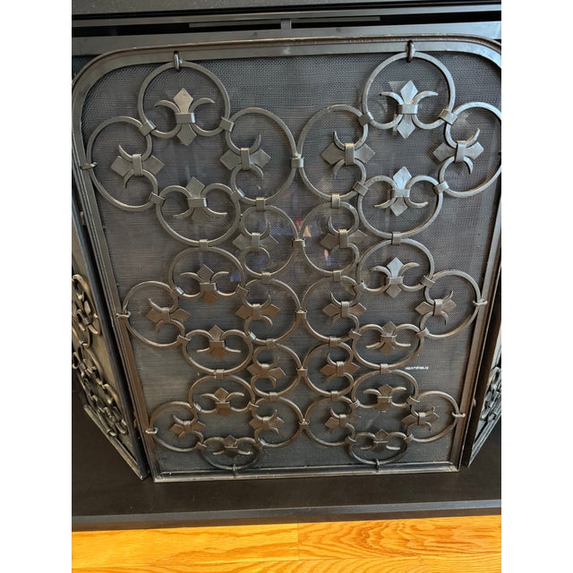 Metal Vintage Spanish Revival Iron Three Panel Folding Fireplace Screen With Matching Vintage Wrought Iron 4 Piece Fireplace Tools With Stand For Sale - Image 7 of 12
