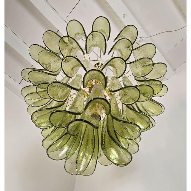 1980s Mazzega Style Murano Glass Olive Green Petal Chandelier For Sale - Image 10 of 14