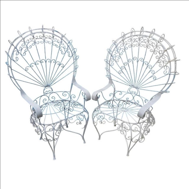 1950s Vintage White Wrought Iron Peacock Armchairs-Set of Two For Sale - Image 5 of 18