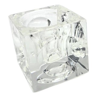 Vintage Optic Glass Cube Paperweight and Candle Holder For Sale
