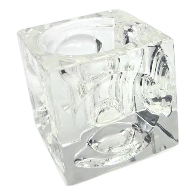Vintage Optic Glass Cube Paperweight and Candle Holder For Sale
