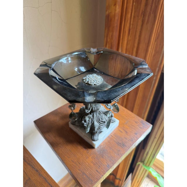 Gray 1950s Hollywood Regency Pedestal Centerpiece Bowl, Smoky Glass Ashtray With Marble Base For Sale - Image 8 of 15