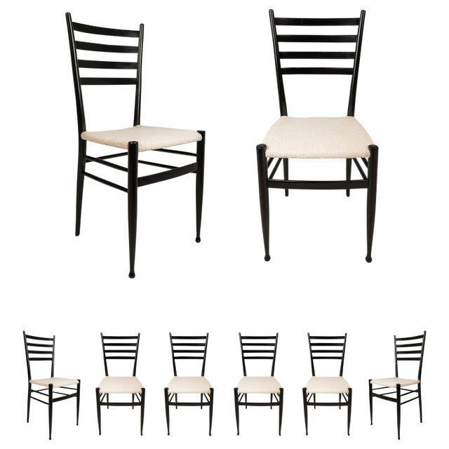 Set of Six (6) Mid-Century Italian Modern Bespoke Ebonized Dining Chairs in White Bouclé After Gio Ponti, Italy, C. 1960's For Sale