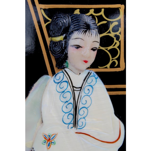 Vintage Chinese Black Lacquer Mother-of-Pearl Inlay Wall Panels - Set of 4 Chinoiserie Scenic Figures & Pagoda Landscape Art For Sale - Image 15 of 18
