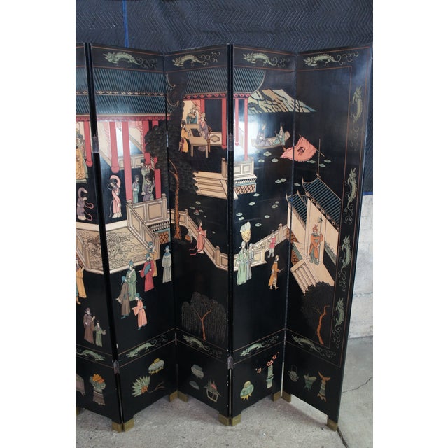 Mid 20th Century Chinese Coromandel Black Lacquer 8 Panel Folding Screen Room Divider 128" For Sale - Image 5 of 17