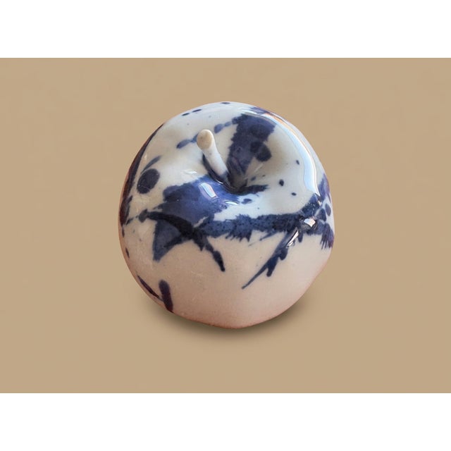 Porcelain Apple Sculpture Blue + White Jingdezhen Studio Pottery "Ping Peace & Harmony" With Internal Rattle Signed For Sale In Seattle - Image 6 of 9