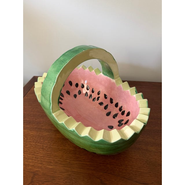 Ceramic Vintage Ceramic Watermelon Basket Serving Bowl With Handle | Hand-Painted Mid-Century Summer Entertaining Fruit Basket For Sale - Image 7 of 9