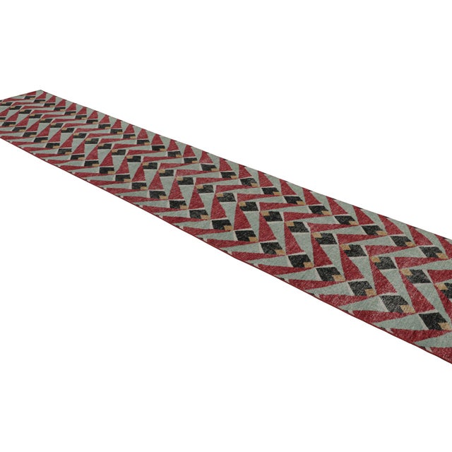 Modern Rug & Kilim’s Distressed Runner in Red and Blue Geometric Patterns For Sale - Image 3 of 8