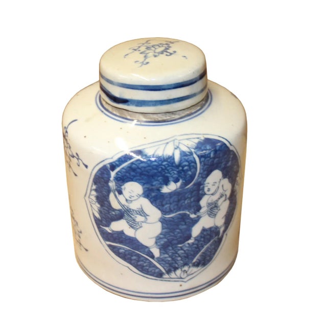 Chinese Blue White Ceramic Double Kids Graphic Container Urn Jar For Sale - Image 4 of 6
