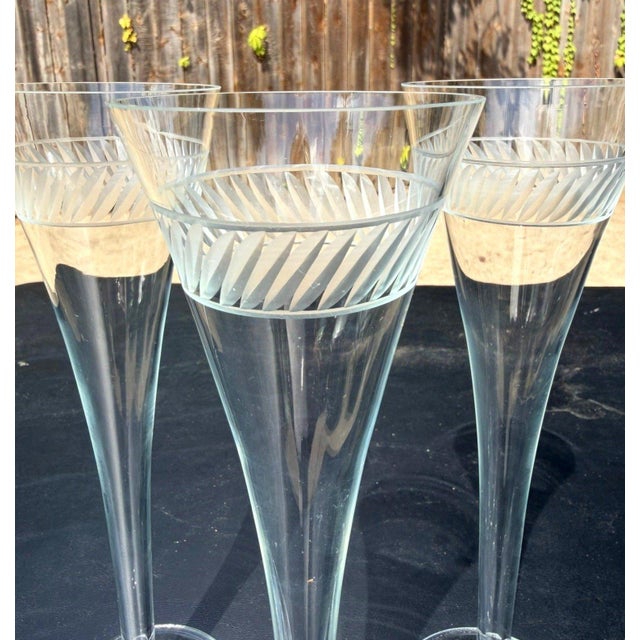 Antique Art Deco Hand-Blown Crystal Champagne Flutes – Set of 3 Elegant set of three exceptionally tall antique champagne...