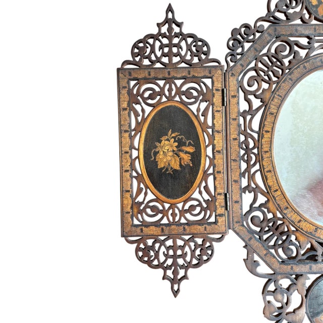Antique Carved Inlaid Easel Back Triptych Folding Mirror For Sale - Image 4 of 8