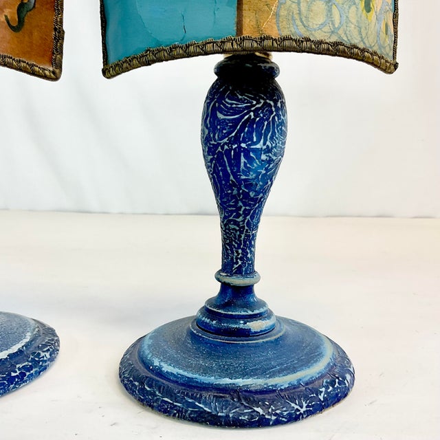 French Country Late 1800s Antique French Art Nouveau Candle Holders With Painted Shades - A Pair. For Sale - Image 3 of 12
