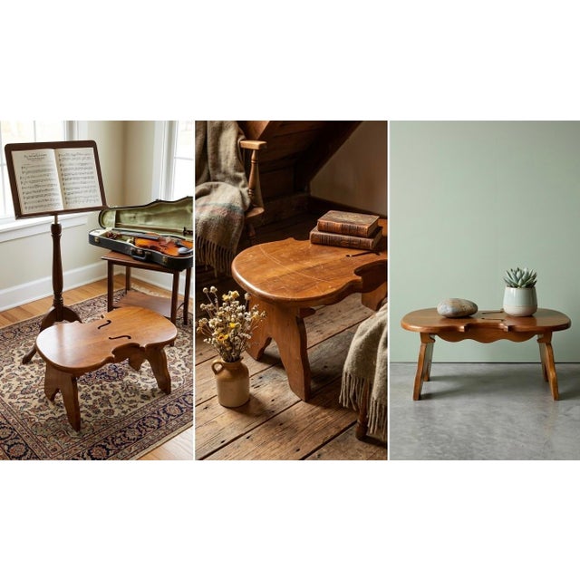 Vintage 1976 Amana Furniture Solid Walnut Violin-Shaped Hearth Bench / Footstool Introduce a masterful conversation piece...