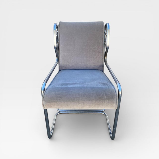 Mid-Century Modern Set of Six 1980s Chrome Cantilever Dining Chairs in Gray Velvet For Sale - Image 3 of 13